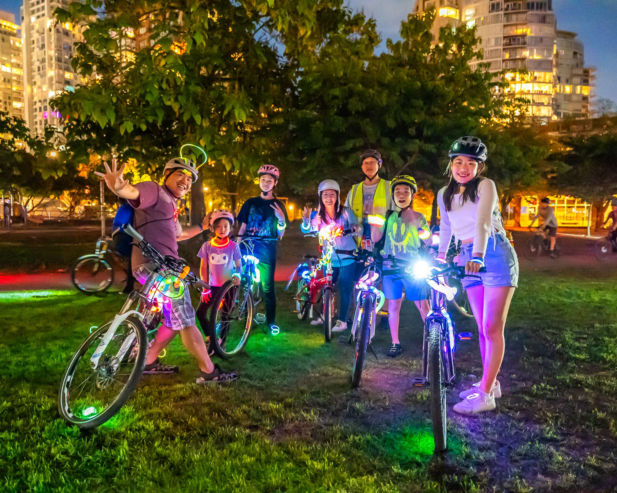 Parents, instructors and kids on a night ride