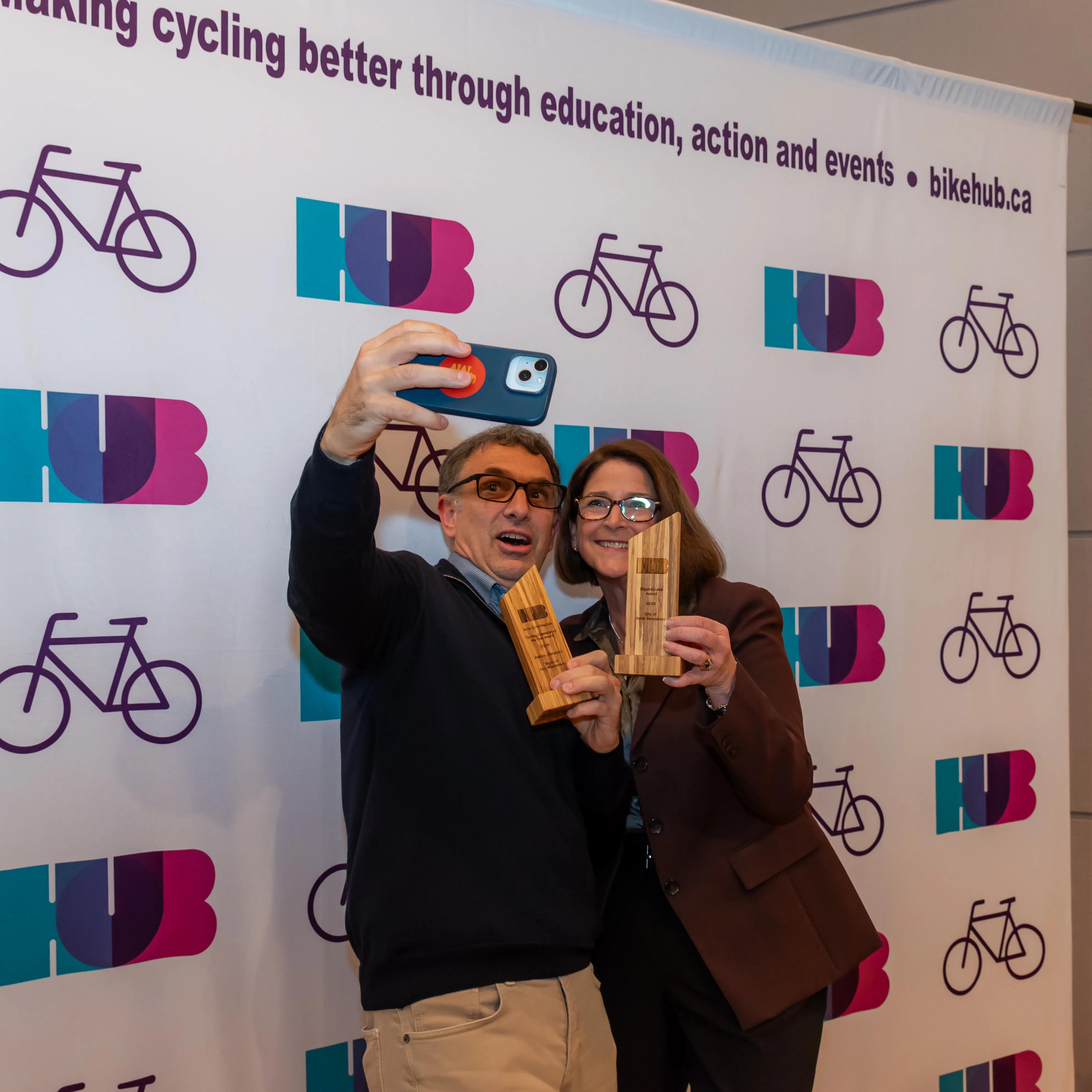Mayors of New Westminster and the City of North Vancouver celebrate with their HUB Bike Awards