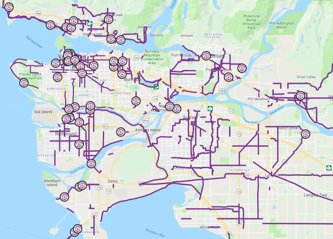Metro Vancouver regional bike route map showing an extensive purple cycling network